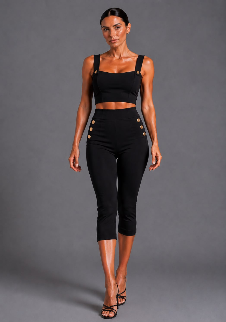 Athena | Square Neckline Button Detail Black Crop Top