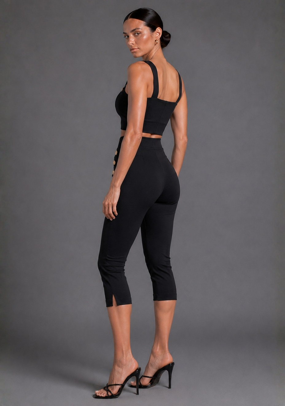 Athena | Square Neckline Button Detail Black Crop Top