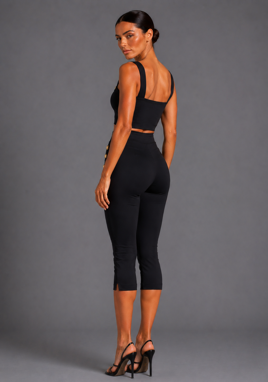Capri | Cropped Black Button Detail Trousers