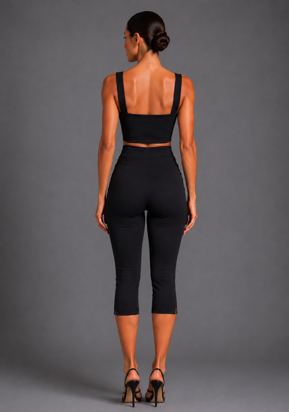 Capri | Cropped Black Button Detail Trousers