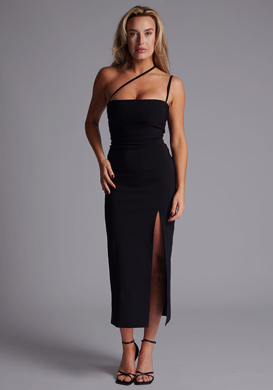 Vesper Abigail cross strap midaxi dress with thigh split in Black 12 / Black Vesper Abigail cross strap midaxi dress with thigh split in Black 12 / Black