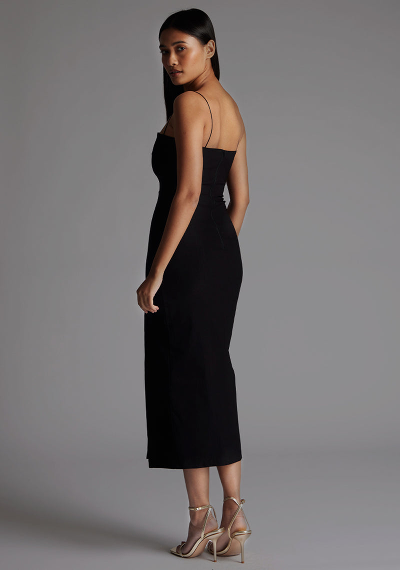 hardware detail cut-out midaxi dress in black Black Cut Out Gold Button Detail Midaxi Dress