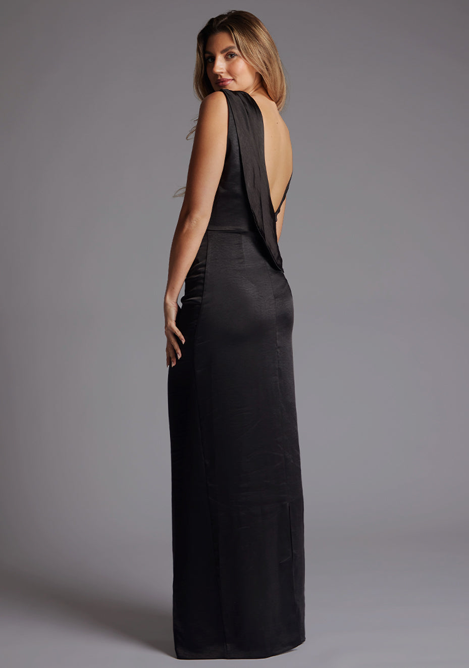 Bertie | Open Back Satin Black Maxi Dress