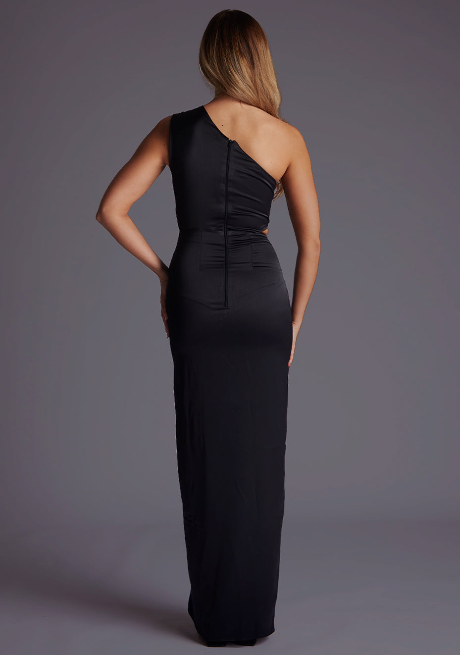 Candace | One-Shoulder Satin Black Maxi Dress