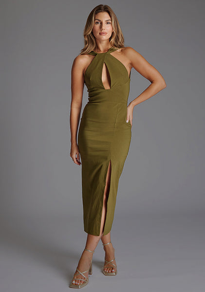 shape olive woven corset detail tie side bodycon dress Carter over trim