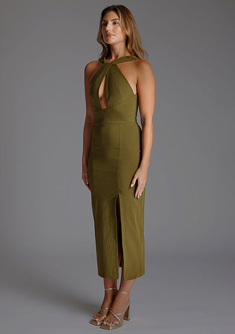 olive green fitted dress ASOS DESIGN bodycon midi dress with halter strap in olive green