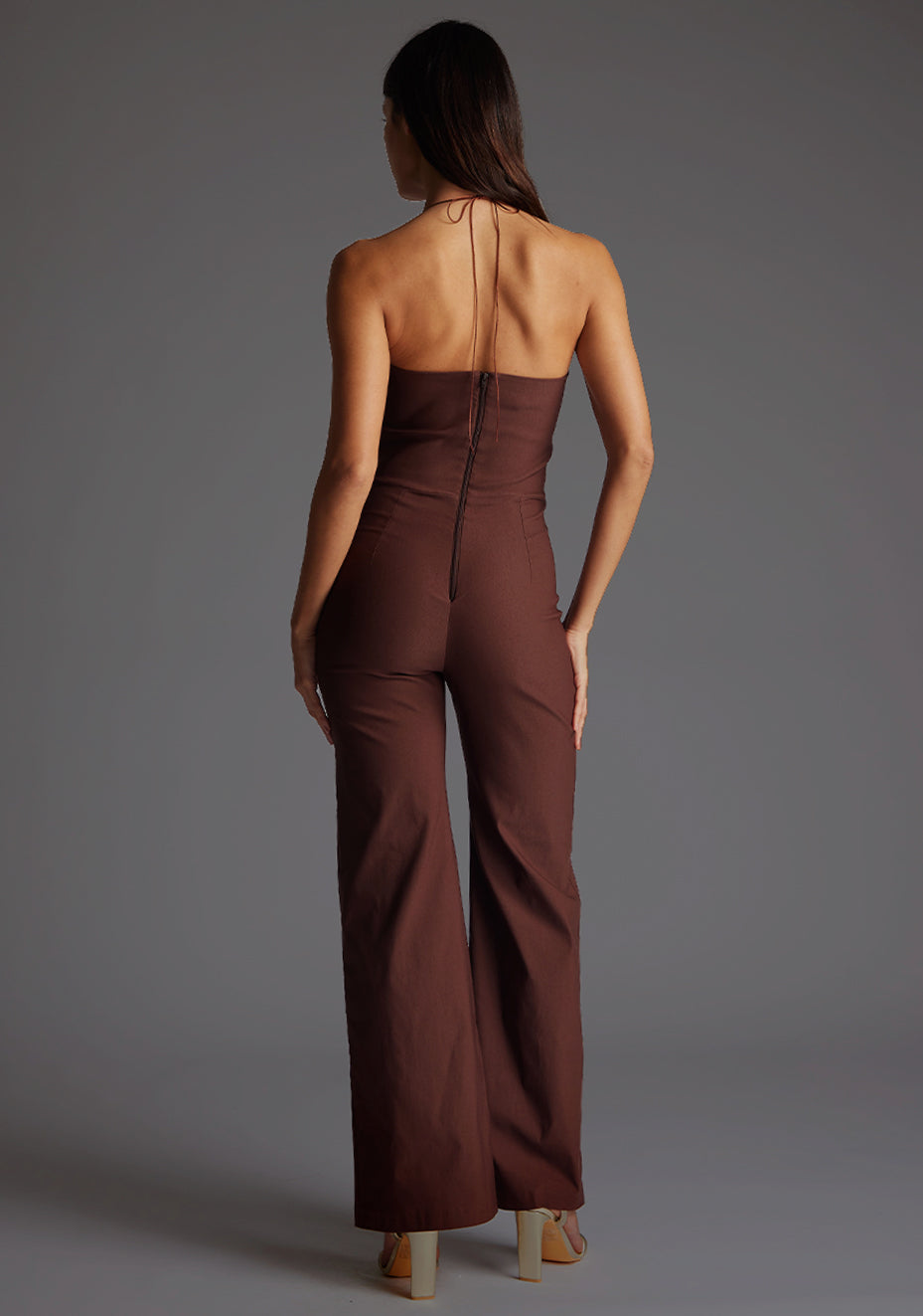 Cassidy | Halterneck Chocolate Wide Leg Jumpsuit