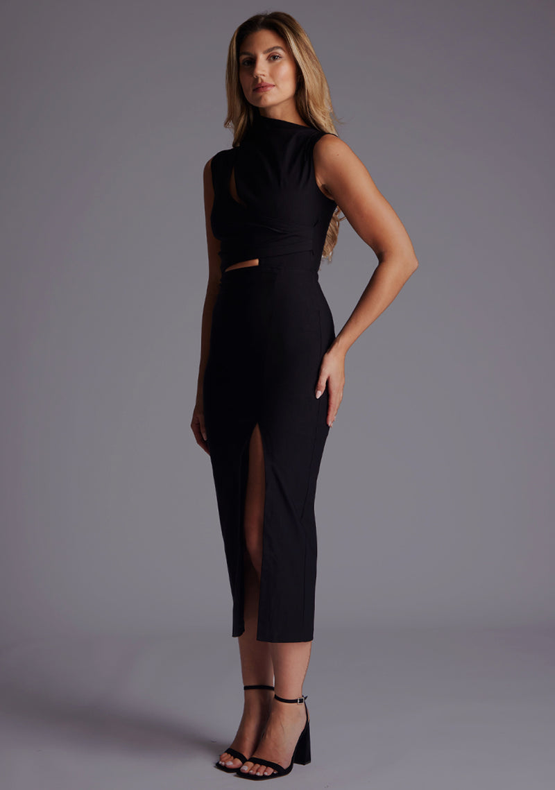 Vesper Clarice high neck ruched midaxi dress in Black 6 / Black