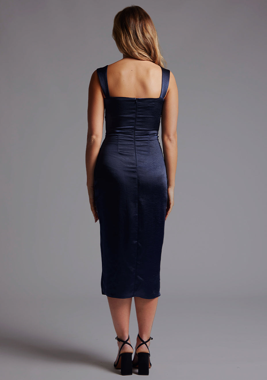 Back of the Vesper Desiree Sweetheart Neckline Midaxi Dress in Navy, showcasing the smooth fit, wide straps, and classic, refined finish.
