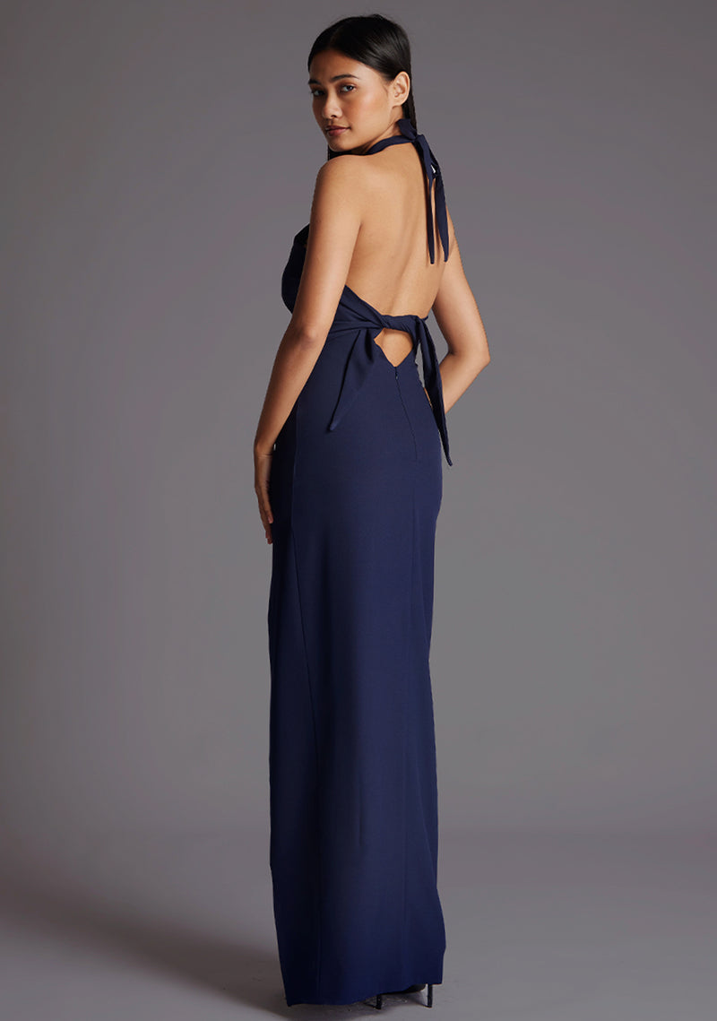 halter neck navy blue dress Edna floral pattern Color:Red (long) Elegant Navy Blue Satin The ASOS DESIGN mesh