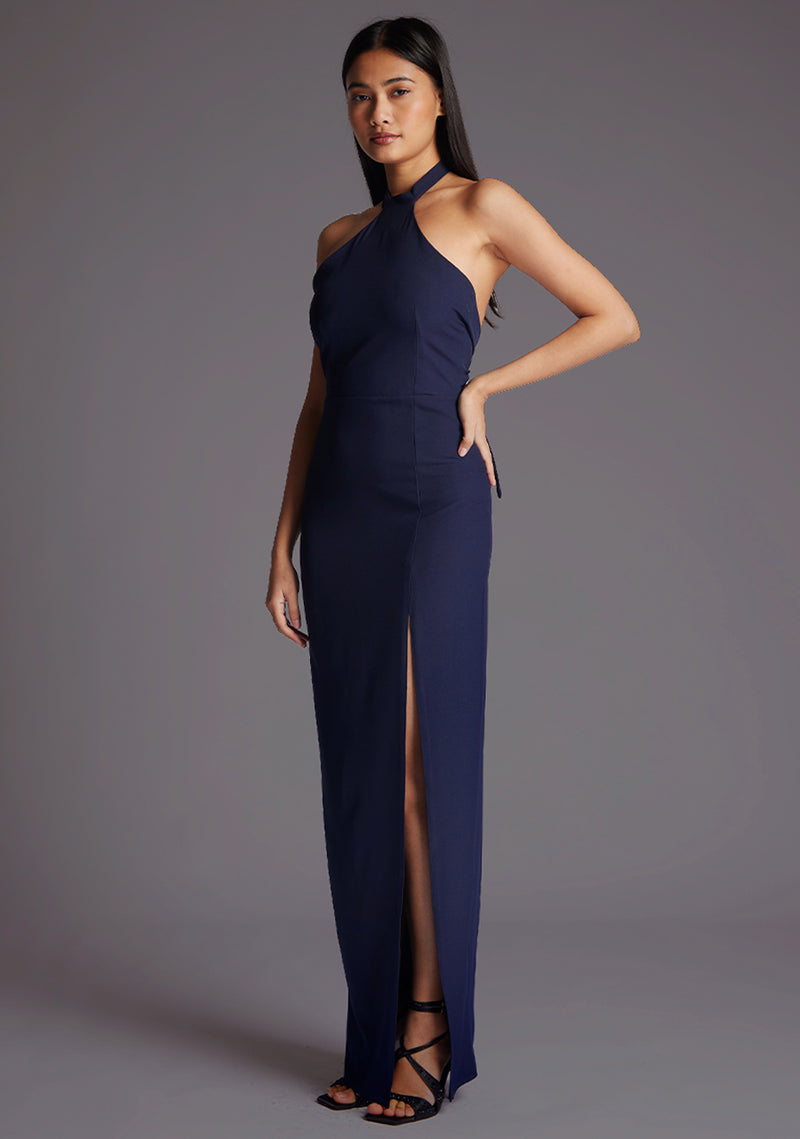 navy halter neck dress Amedeo Plunge Maxi 28% Nylon Edna | Halter Neck Navy