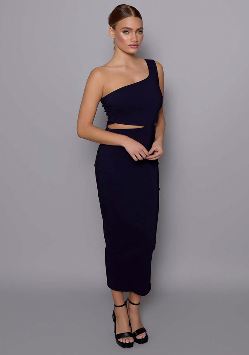 navy blue cut out dress Luli One-Shoulder Cut-Out Maxi Dress Textured Navy