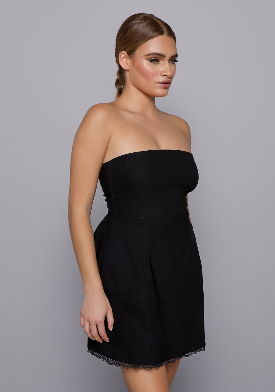 Emily | Strapless Lace Trim Black Mini Dress