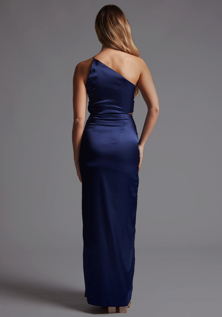 navy satin dress Vesper Women's One Shoulder Ruched Satin Maxi Dress in Navy