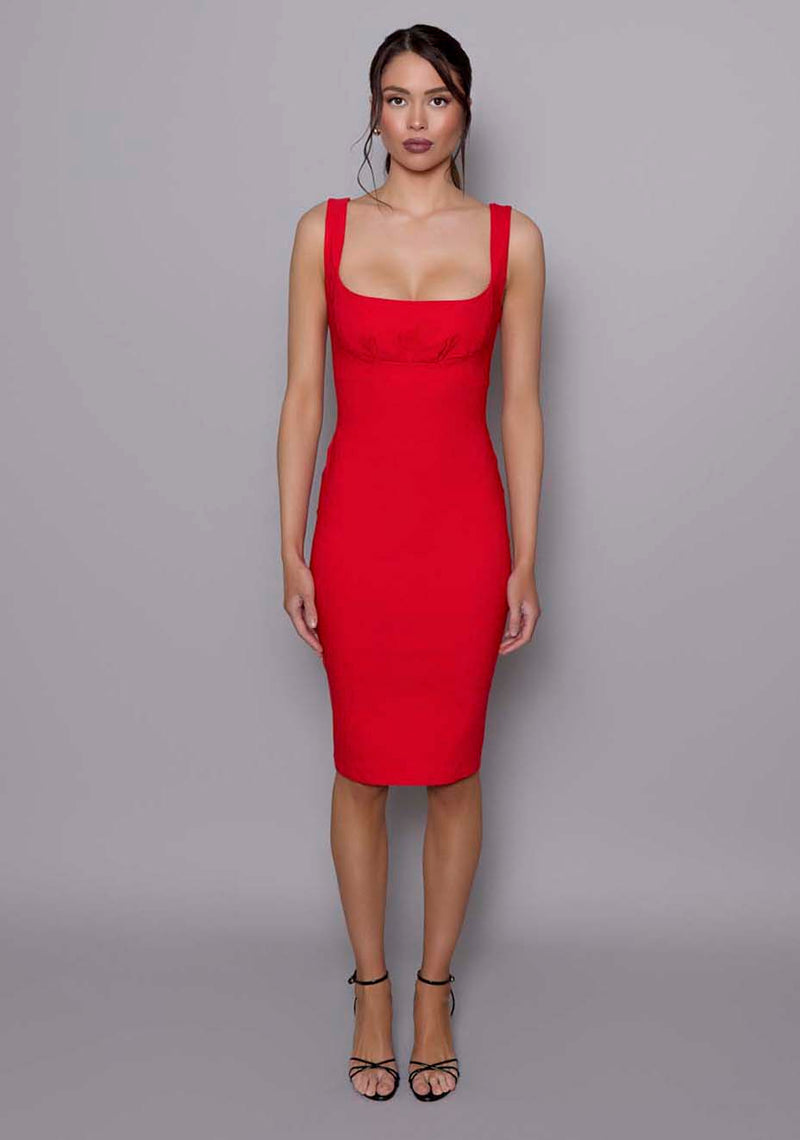 Evette | Square Neck Bodycon Red Midi Dress