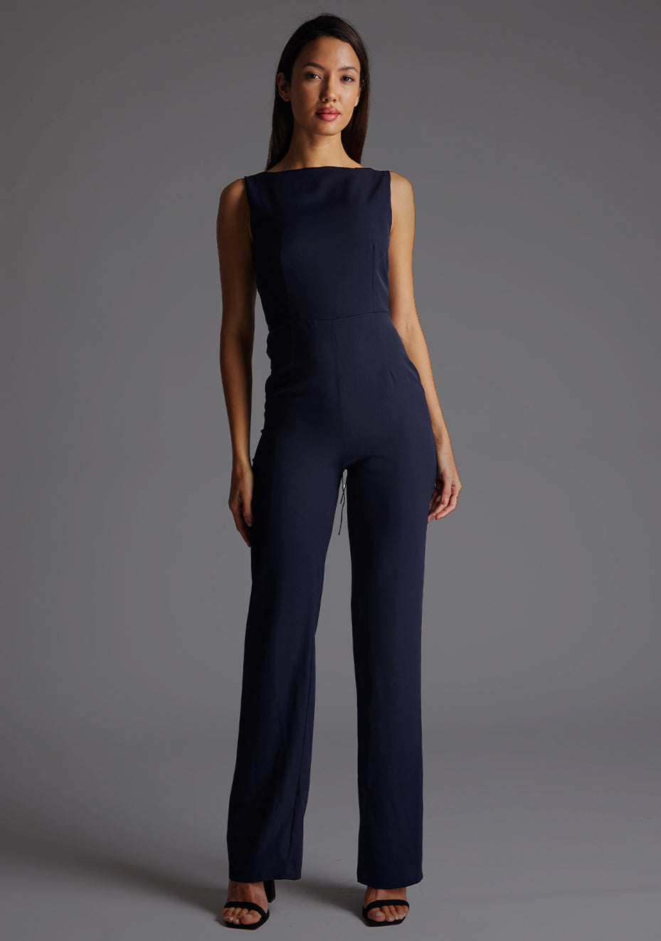 Lilium | Lace Up Back Navy Wide Leg Jumpsuit