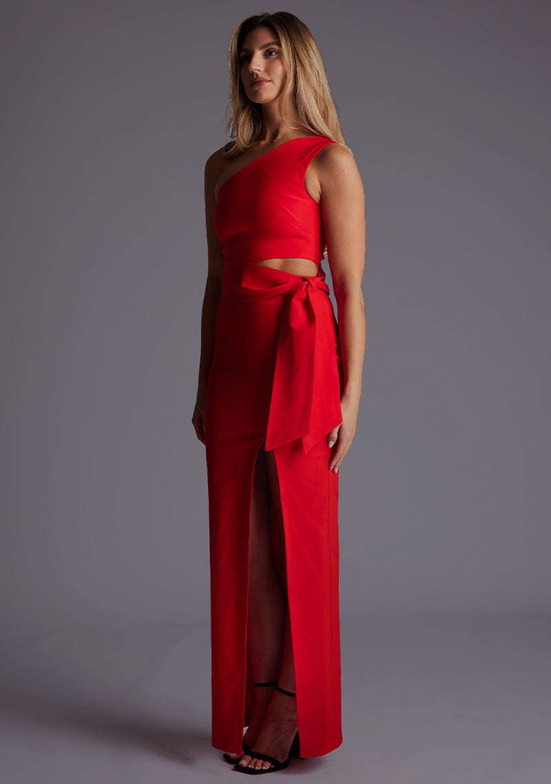 Lisbeth | One Shoulder Maxi Dress With Thigh Split - Red Lisbeth | One Shoulder Maxi Dress With Thigh Split - Red