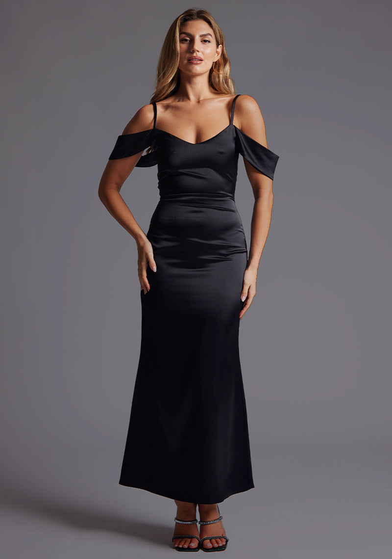 black silk maxi dress Lilly Sweetheart Satin Maxi Dress / Black | MESHKI