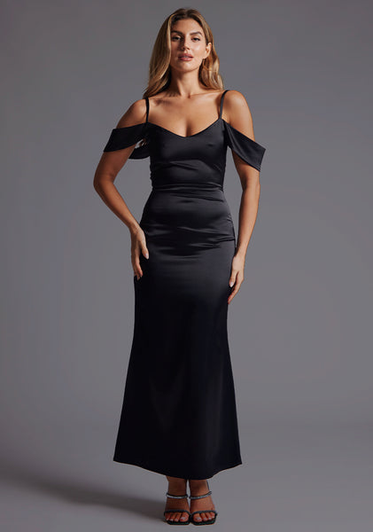 Luisa | Bardot Satin Black Maxi Dress