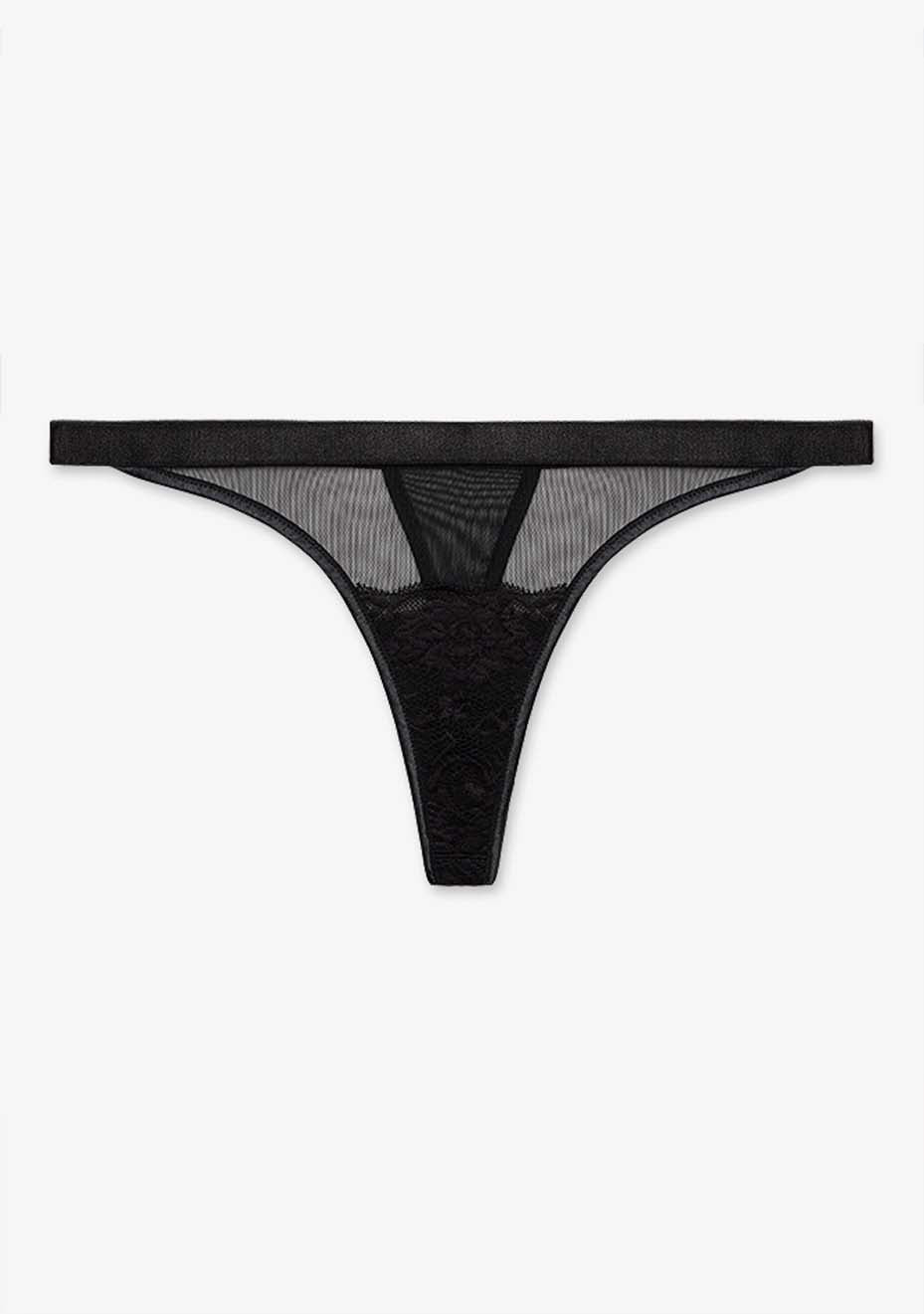 Lyra black lace thong with fine floral accents, elegantly laid out on a white background. 