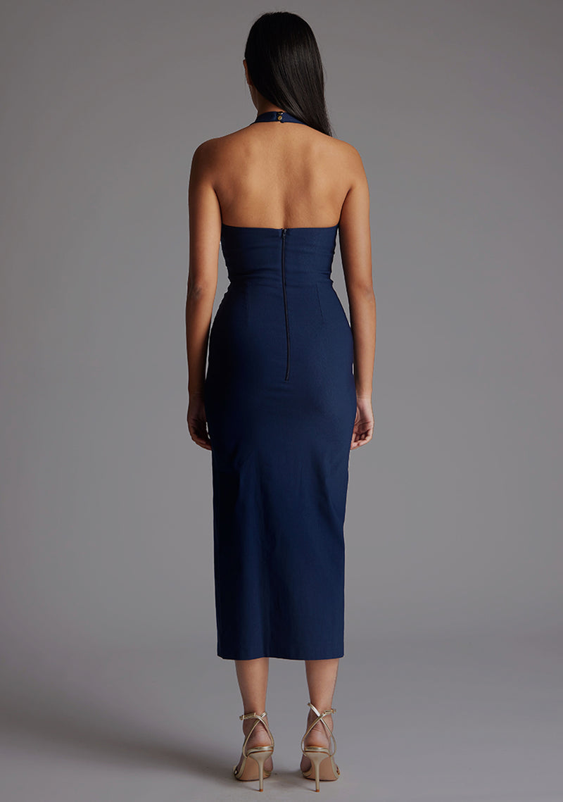 Maria | Halterneck Thigh Split Navy Midaxi Dress
