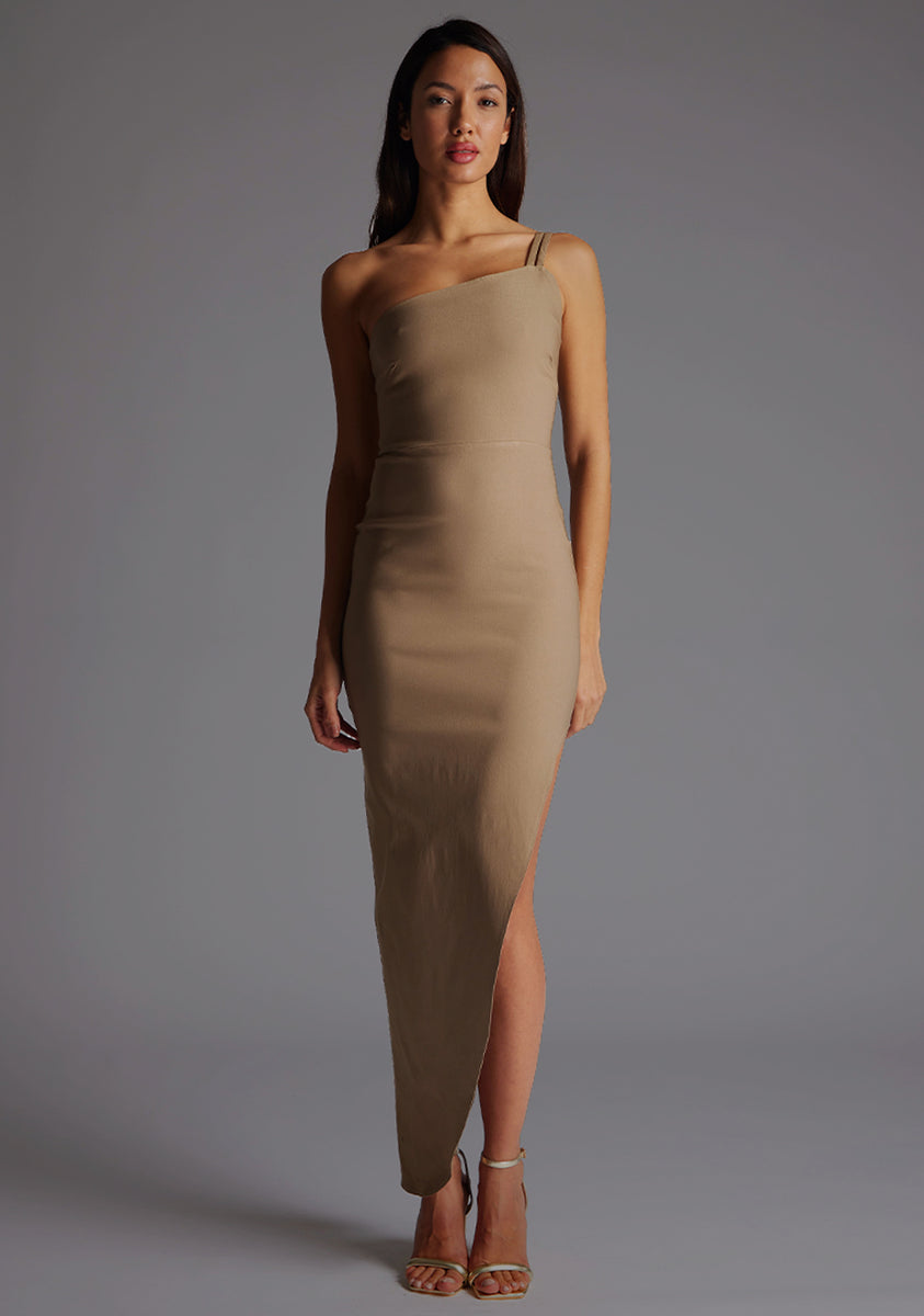 taupe one shoulder dress Lace & Beads Bridesmaid tulle one shoulder maxi dress in taupe