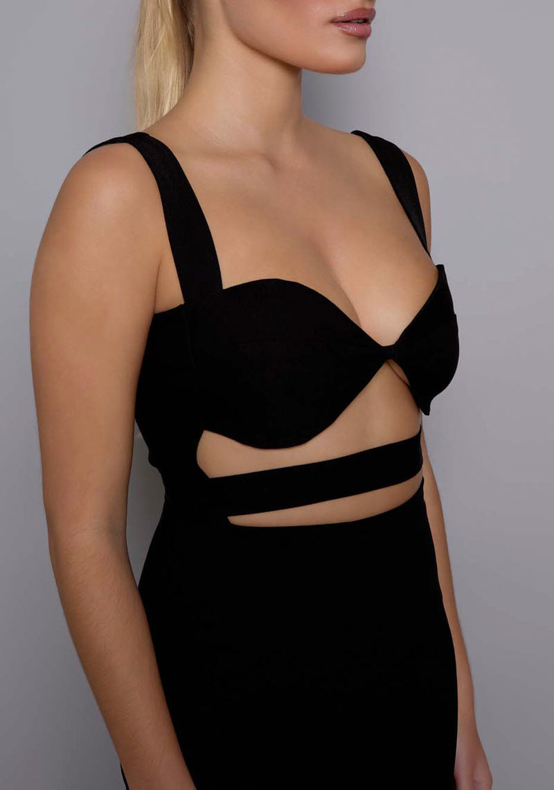 dress with cut out underbust Lorenzia Maxi Dress - Plunge Corset Underbust Detail Satin Dress in Light Blue