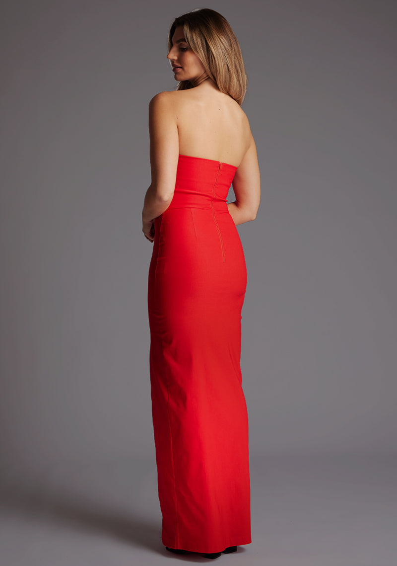 red strapless backless dress Strapless Gown With 3D Floral Detail And Fitted Silhouette 40214
