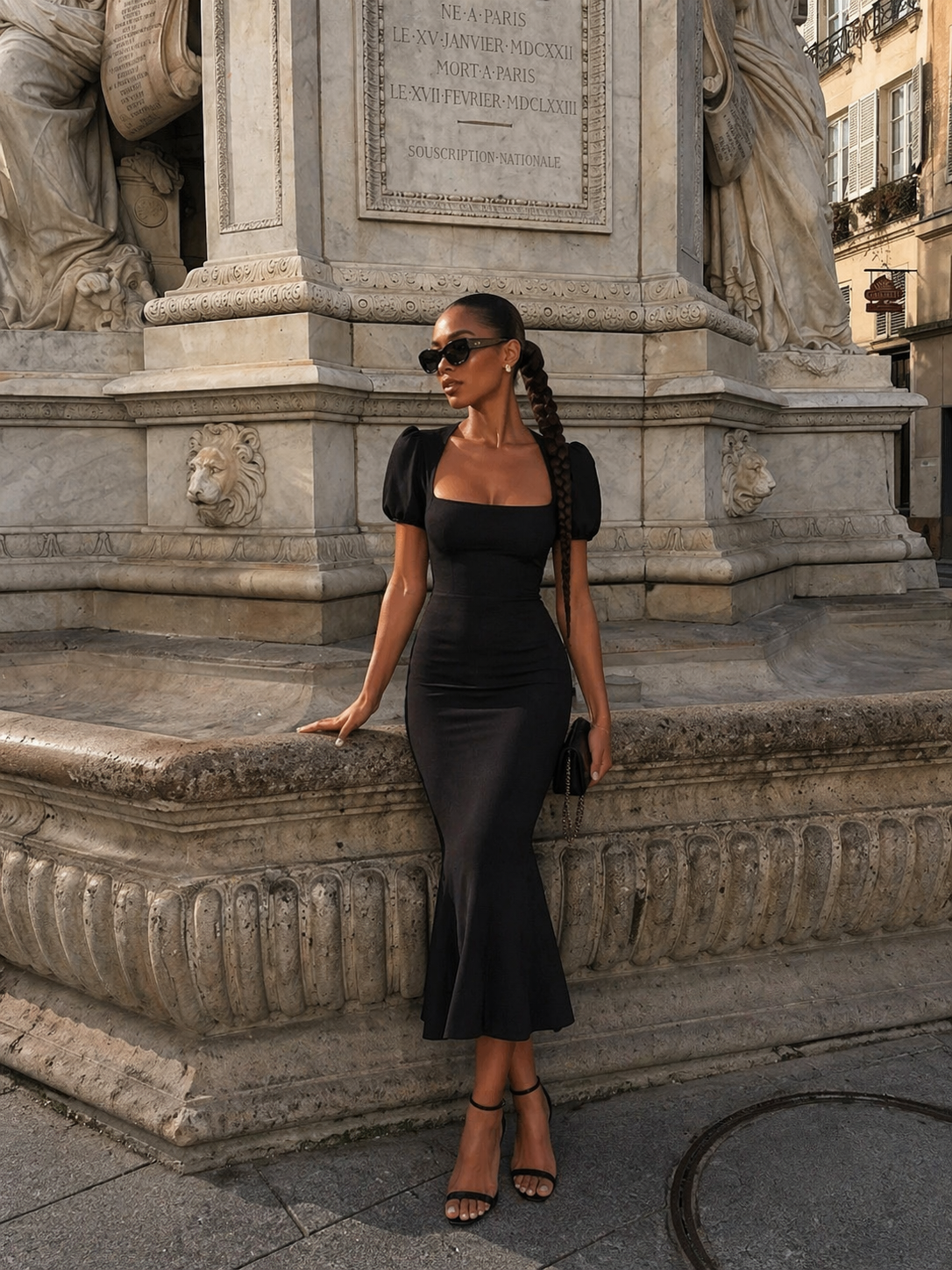 Woman in a black dress standing in front of a stone monument