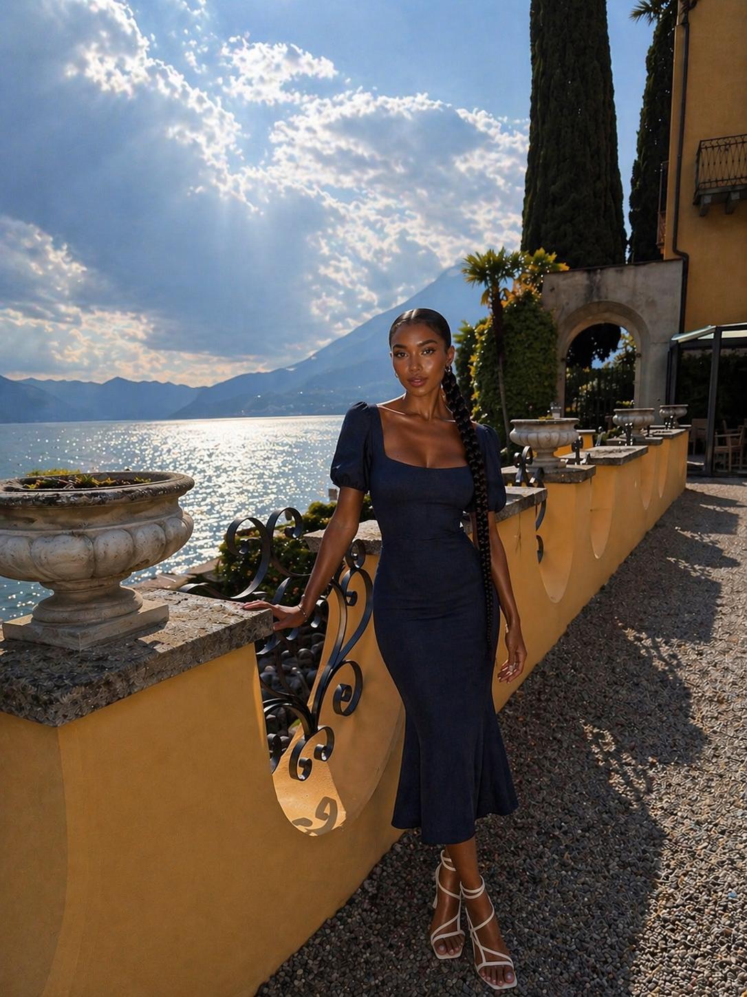 Woman in a blue dress standing by a scenic waterfront with mountains and clouds.