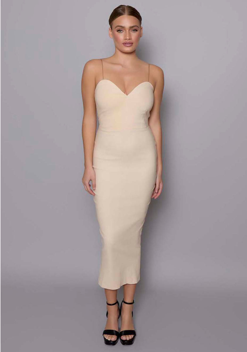 stone brushed rib button front midaxi dress Button Front Ribbed Knit A-line Midi Dress in Cream