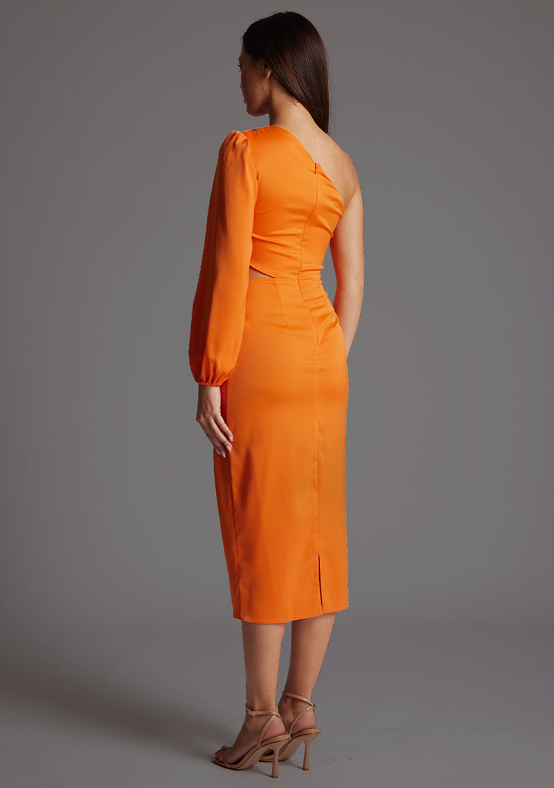 knee length dresses for ladies Burnt Orange Shirred Long Sleeve Sorelle Midi Dress
