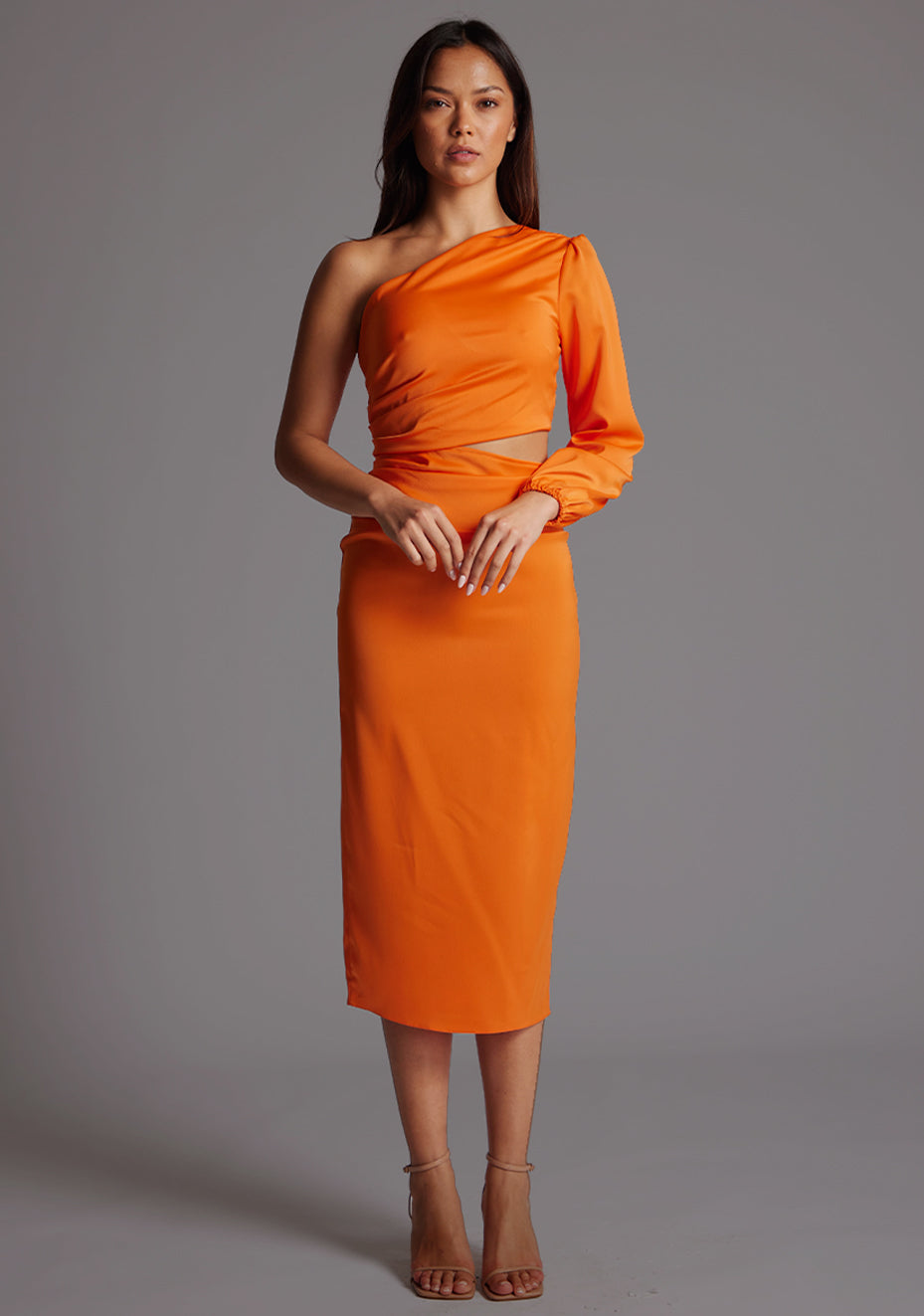 Niccola | One Sleeve Satin Midi Dress - Orange Niccola | One Sleeve Satin Midi Dress - Orange