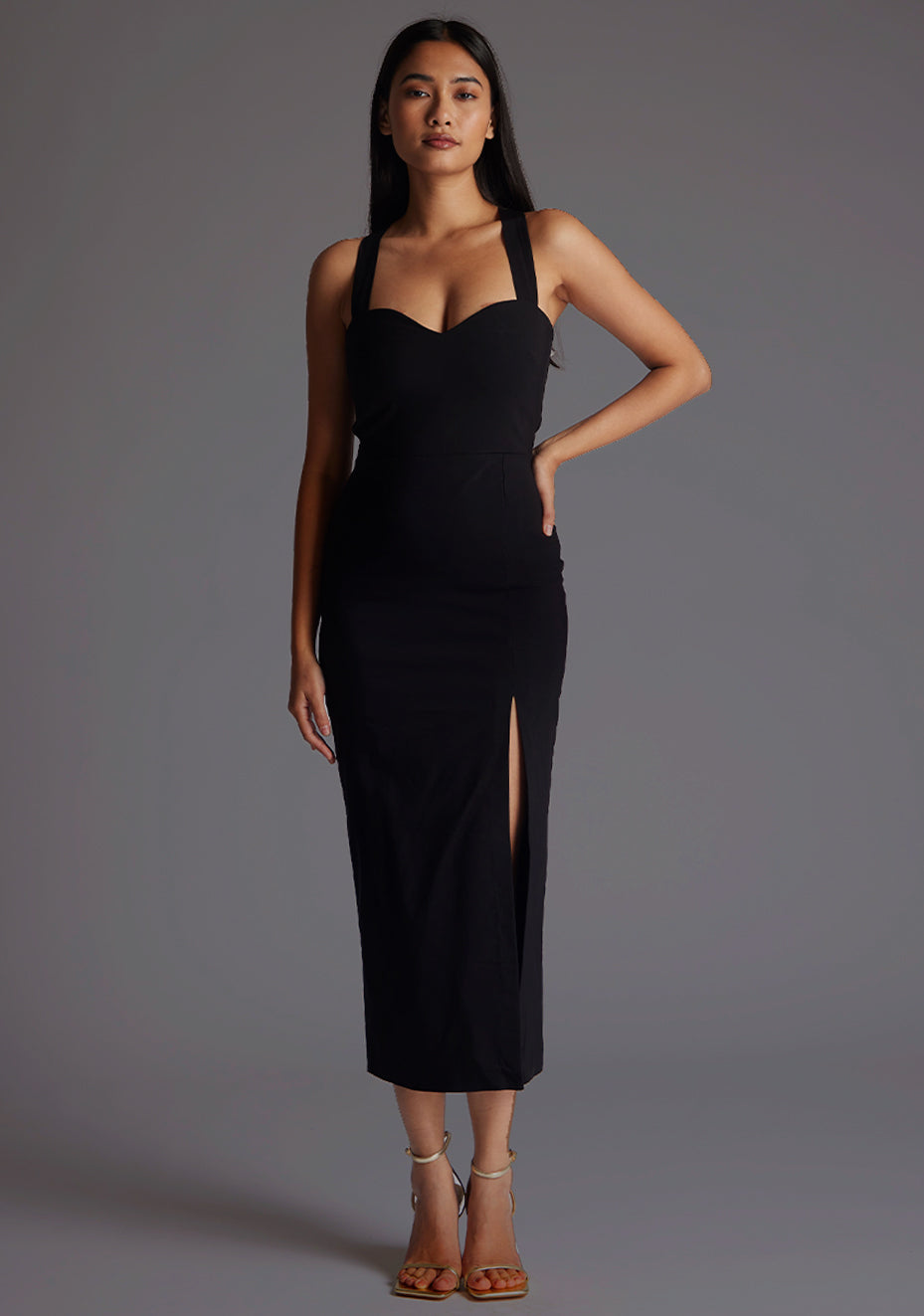 Poppy | Sweetheart Cross Strap Black Midaxi Dress 10 / Black Poppy | Sweetheart Cross Strap Black Midaxi Dress 10 / Black