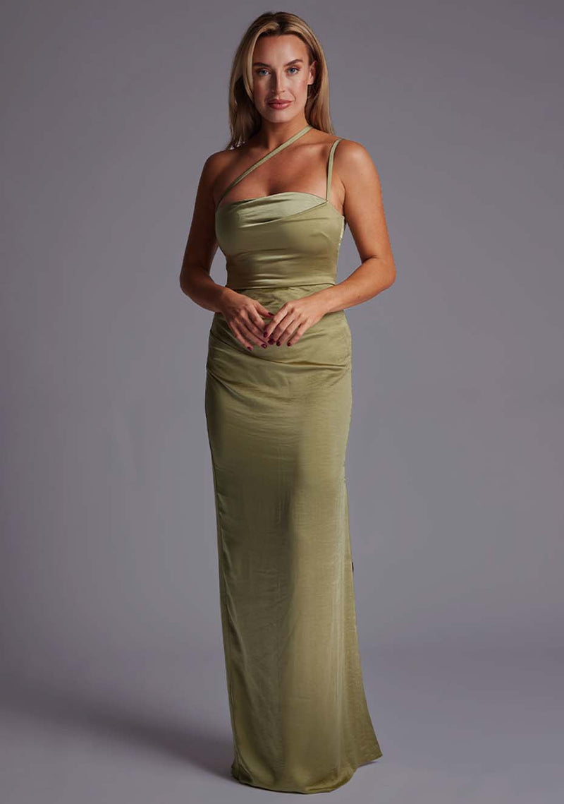 Solange | Satin Ruched Waist Olive Maxi Dress 14 / Olive Solange | Satin Ruched Waist Olive Maxi Dress 14 / Olive