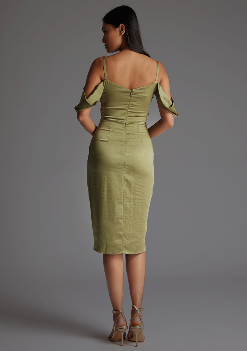 Vesper Victoria bardot draped bust satin midi dress in Olive 16 / Olive Vesper Victoria bardot draped bust satin midi dress in Olive 16 / Olive