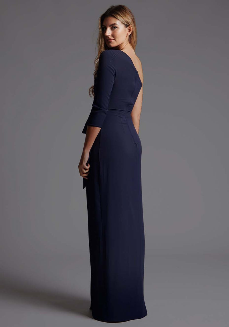Vienna | One Sleeve Ruched Detail Navy Maxi Dress Vienna | One Sleeve Ruched Detail Navy Maxi Dress