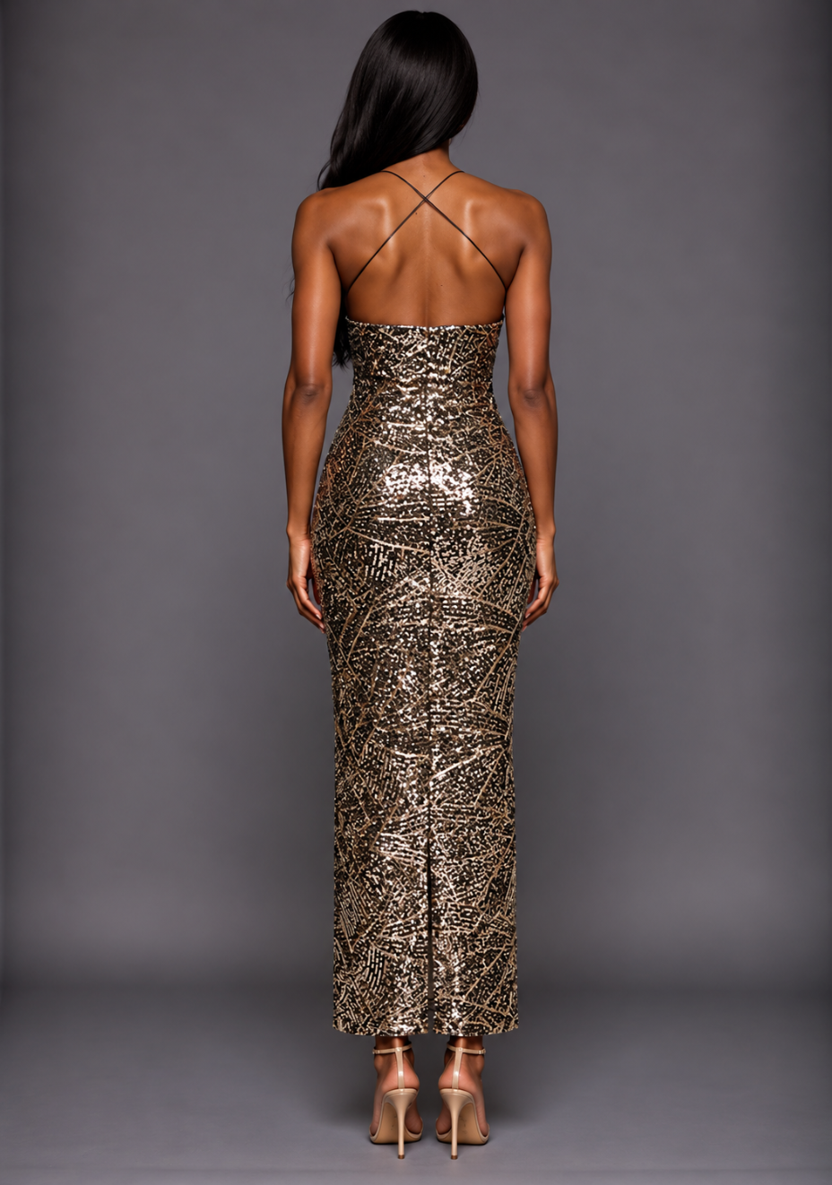 Dominique | Cross Strap Sequin Gold Maxi Dress