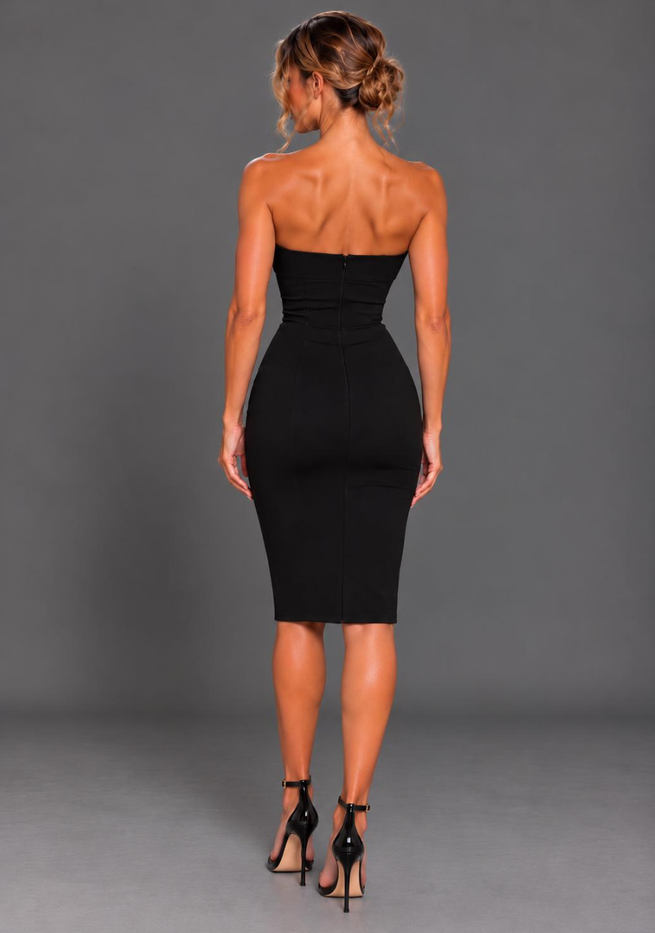 Mindy | Strapless Sequin Black Midi Dress
