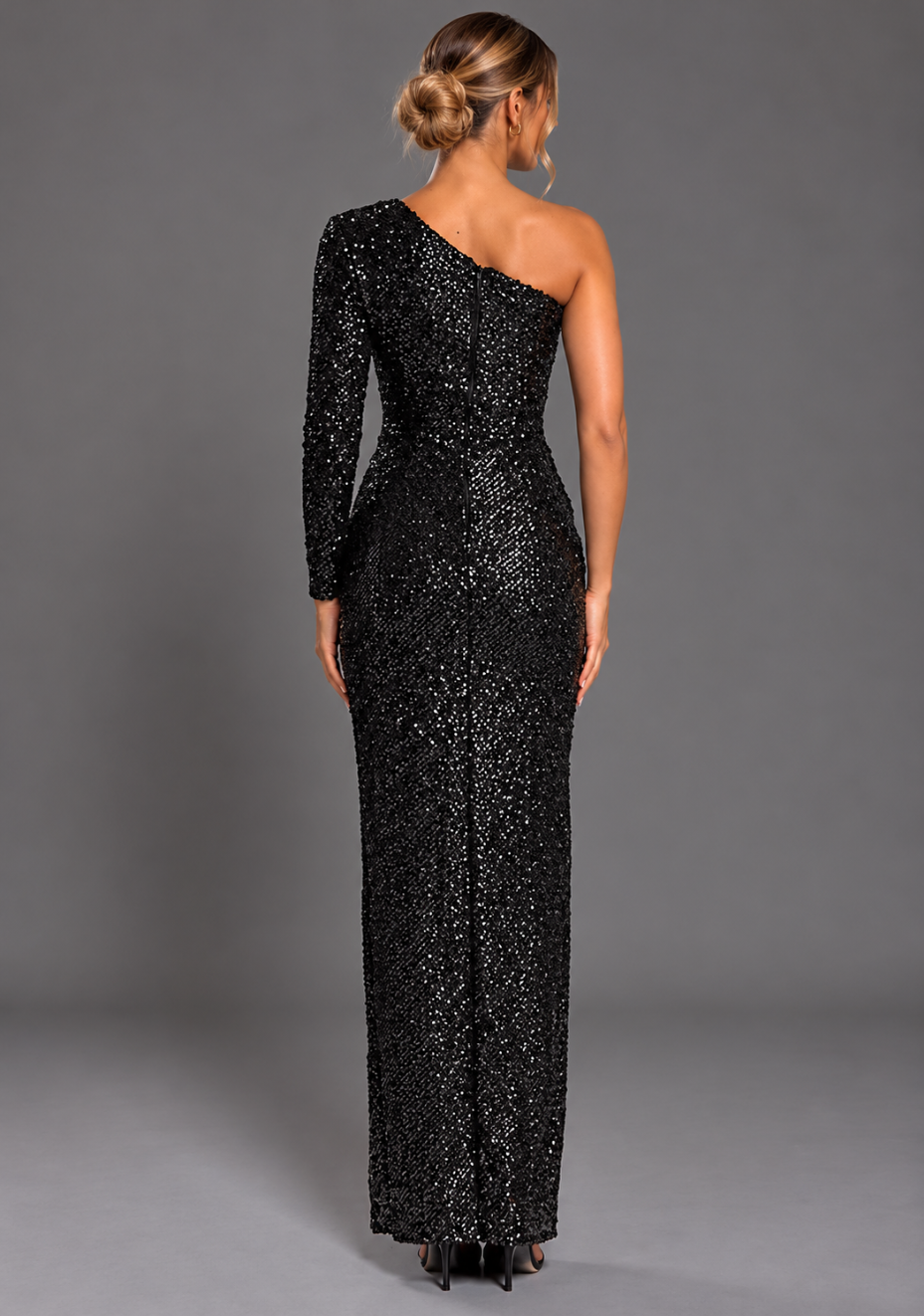 Sophia | One Shoulder Black Sequin Maxi Dress
